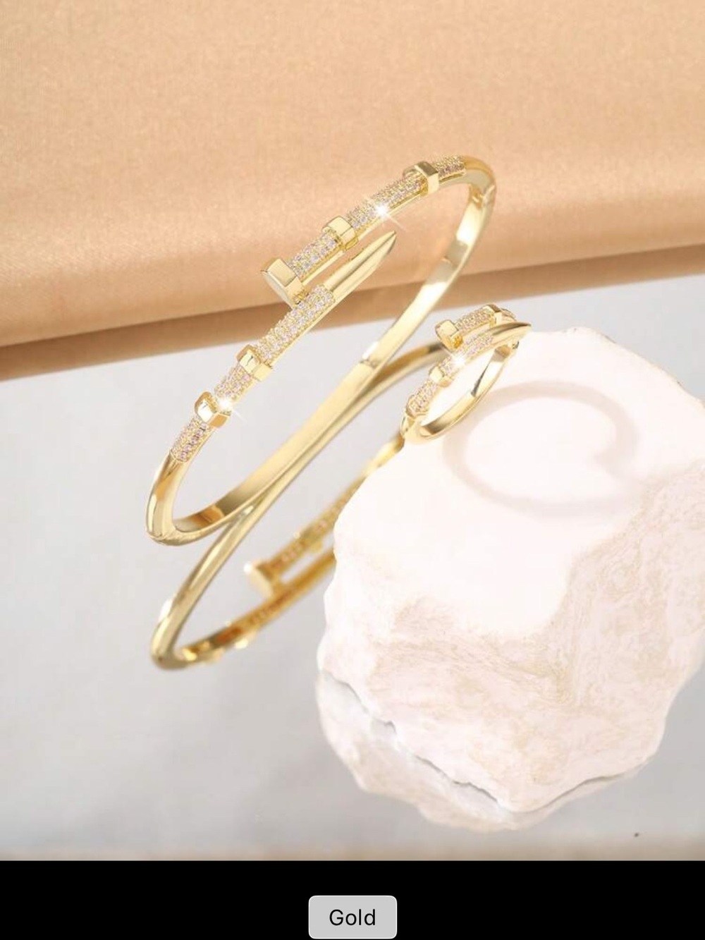 Gold Pavé Nail Cuff Bracelet Ring Set 2pc viral CZ crystal designer stack new - Picture 2 of 3